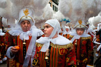 Binche festival carnival in Belgium Brussels. Belgium, carnaval of Binche. UNESCO World Heritage Parade Festival. Belgium, Walloon Municipality, province of Hainaut, village of Binche. The carnival of Binche is an event that takes place each year in the Belgian town of Binche during the Sunday, Monday, and Tuesday preceding Ash Wednesday. The carnival is the best known of several that take place in Belgium at the same time and has been proclaimed as a Masterpiece of the Oral and Intangible Heritage of Humanity listed by UNESCO. Its history dates back to approximately the 14th century.